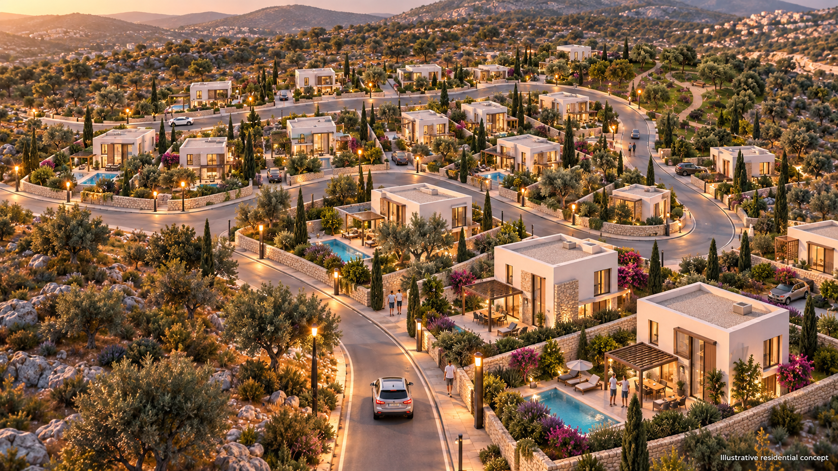 Ενδεικτική απεικόνιση κατοικιών · Χαμηλή εναέρια άποψη