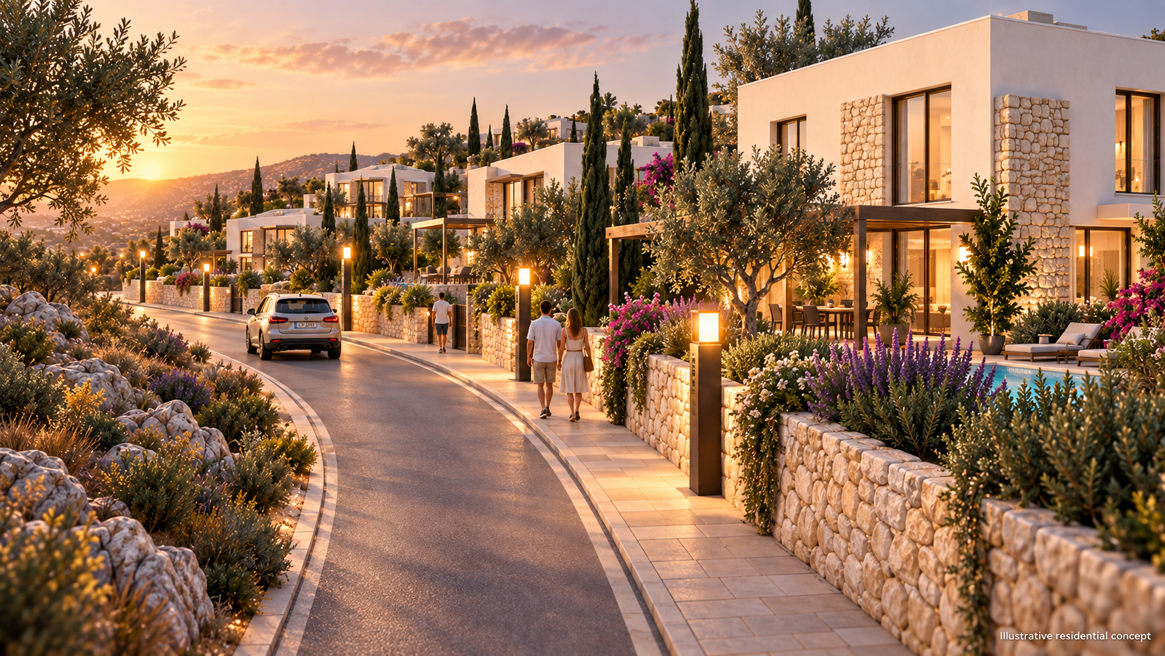 Ενδεικτική απεικόνιση κατοικιών · Άποψη δρόμου