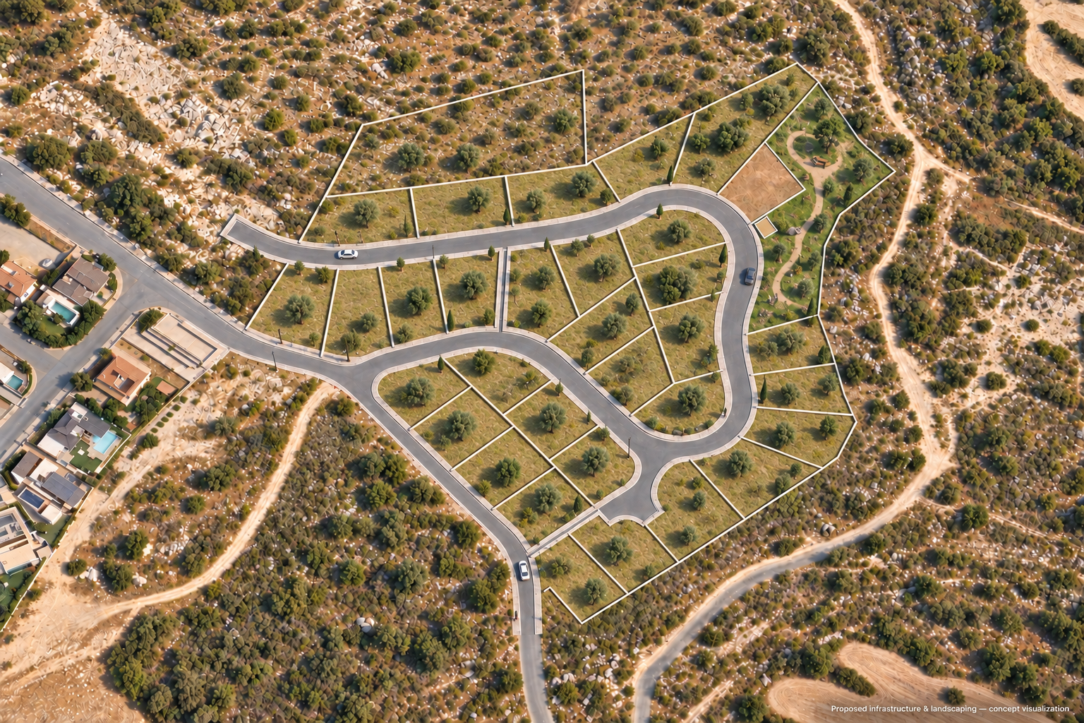 Illustrative aerial view of the plot layout, roads and landscaping